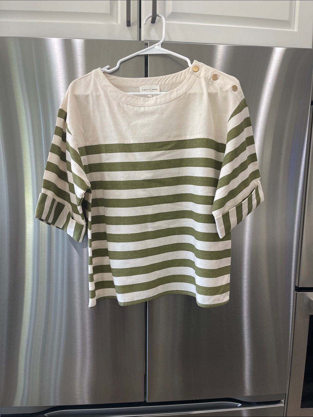 entro Olive & Cream Striped Button-Shoulder Short Sleeve Tee